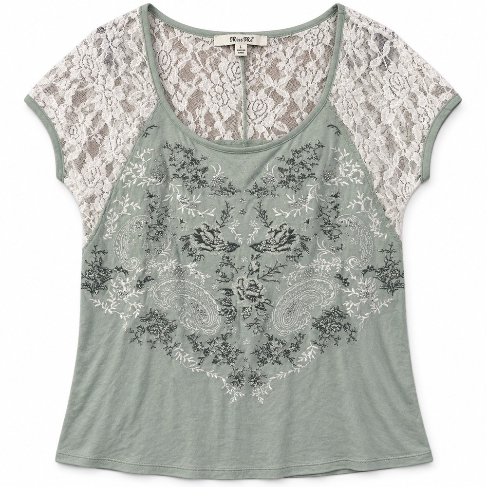 Miss Me Women's L Vintage Sage Green Lace Embroidered Rhinestone Y2K style Top